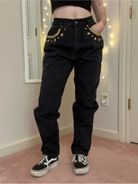 Vintage Black High Rise Jeans With Gold Studs